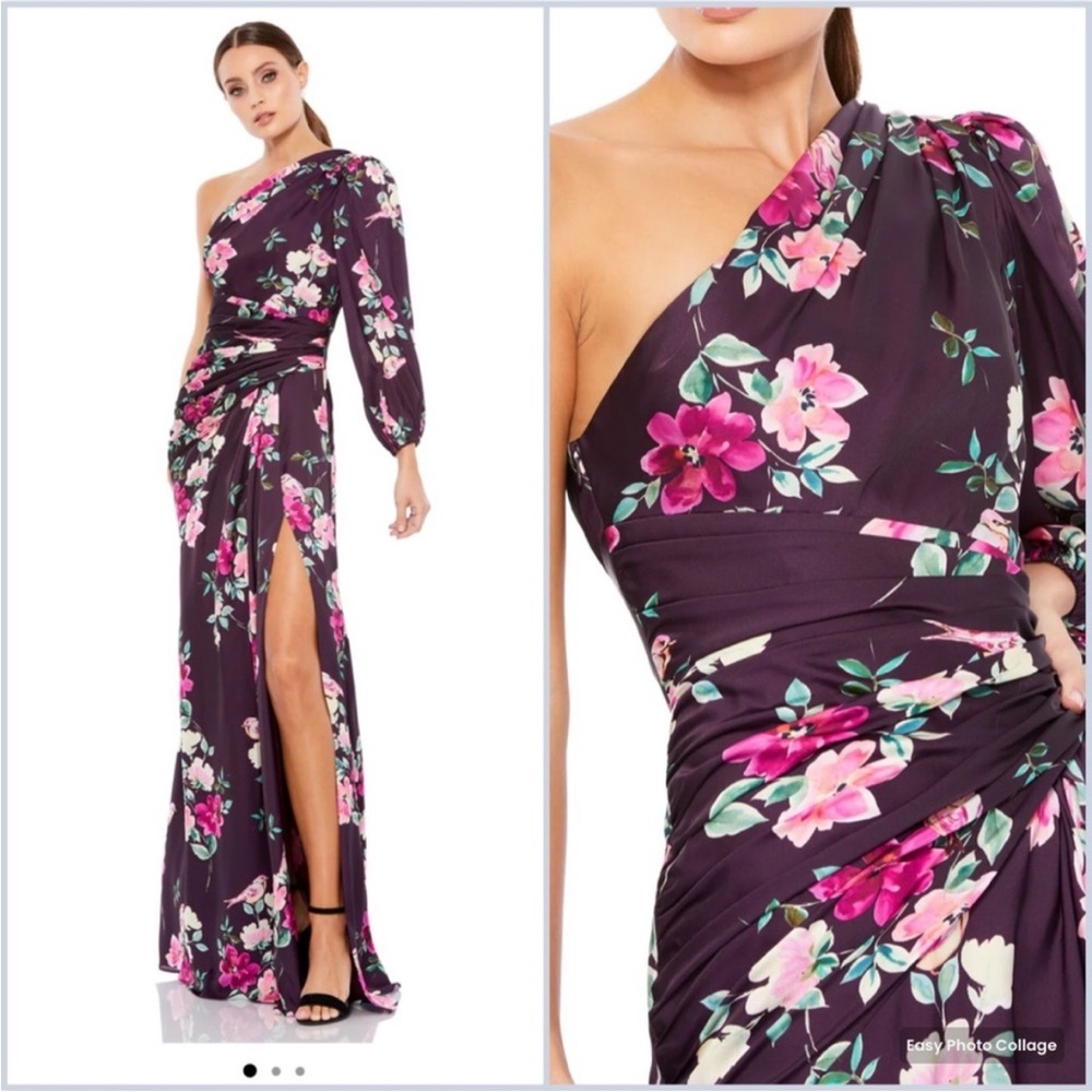 NWT Mac Duggal Plum Floral One Sleeve Gown Dress
